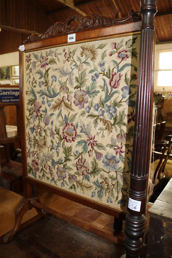 Carved mahogany framed tapestry fire screen and a mahogany torchere(-)